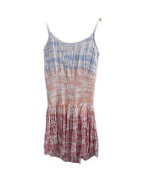 Ocean Drive Tie Dye Smocked Mini Dress Womens M Blue Pink Boho Spaghetti Strap